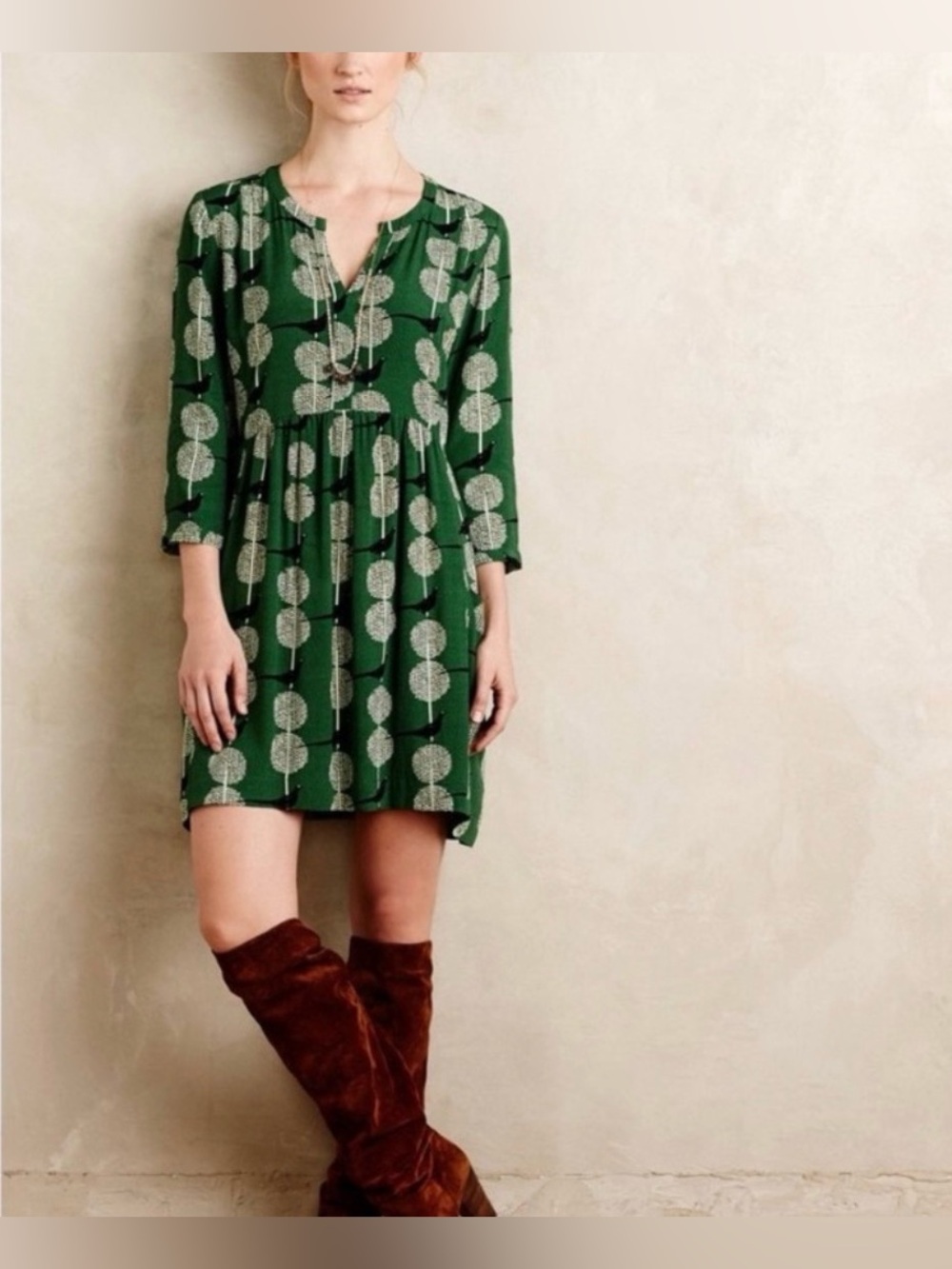 Anthropologie Maeve green and white bird tunic dress